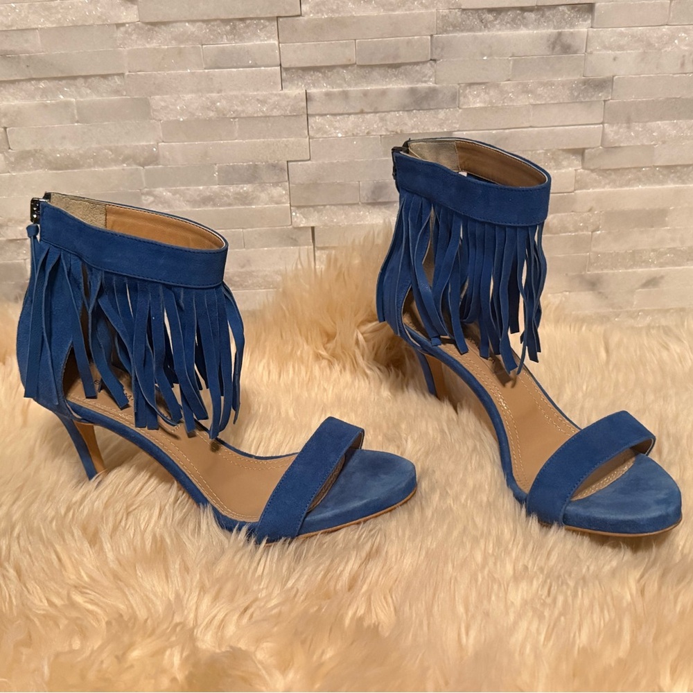 BCBGMaxAzria Blue Suede Fringe Ankle-Strap Heels - Picture 3 of 7
